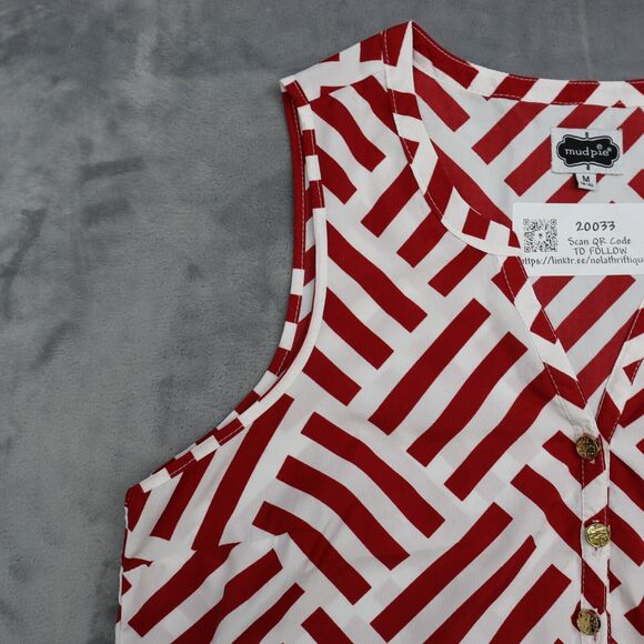 Mud Pie Shirt Womens M Red White Sleeveless Button Polyester Geometric Blouse - Picture 9 of 16